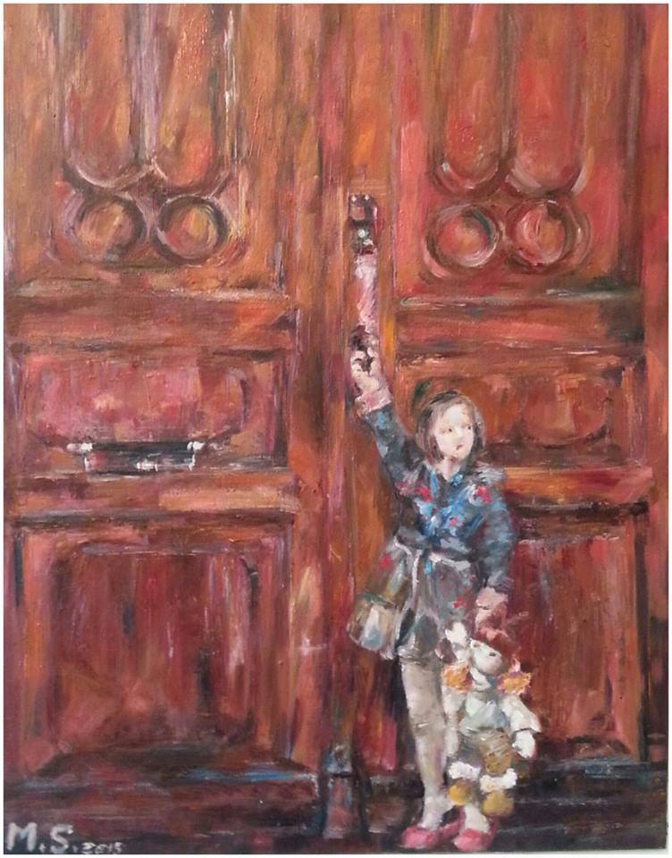 Little Girl holding big Red Door handle