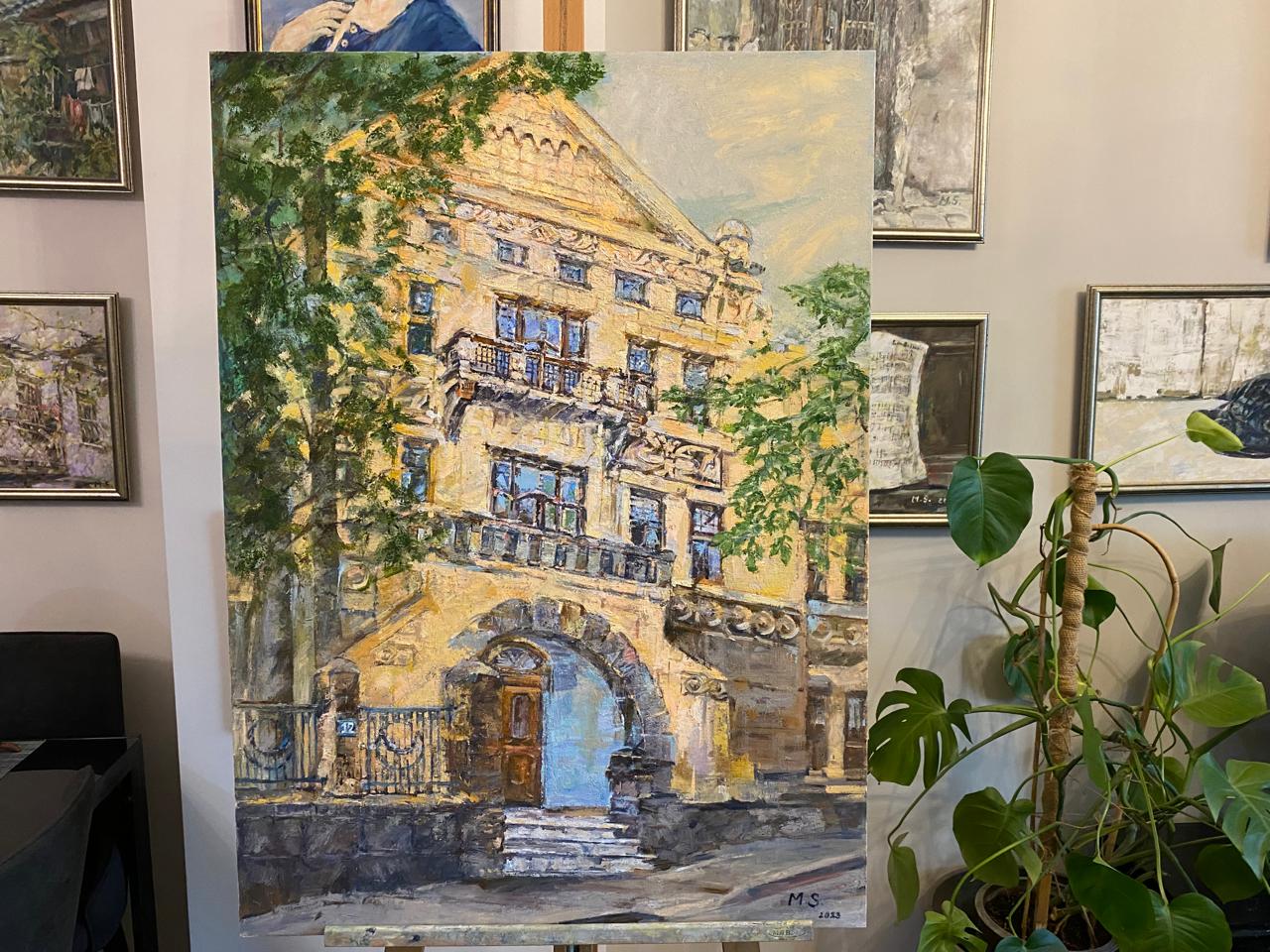 Luxury Architecture Physical Art, 20th-Century Castle Oil Painting on Canvas