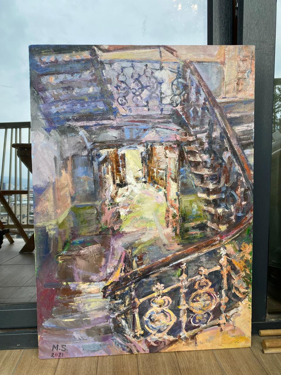 Vintage Elegance – Luxurious Oil Painting of an Old Apartment Entrance in Tbilisi