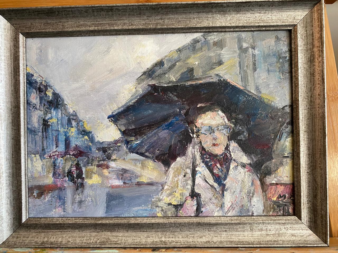 Elegance in the Rain – Premium Oil Painting of a Woman with an Umbrella