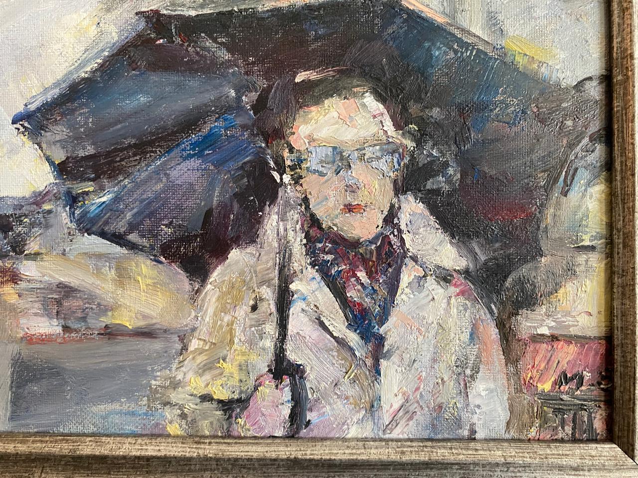 Elegance in the Rain – Premium Oil Painting of a Woman with an Umbrella