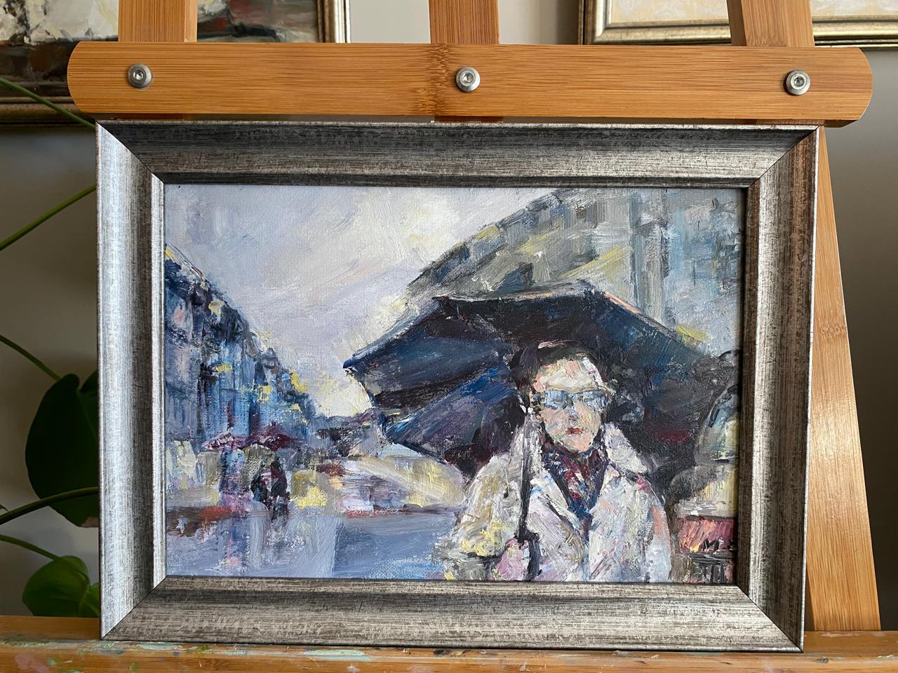 Elegance in the Rain – Premium Oil Painting of a Woman with an Umbrella