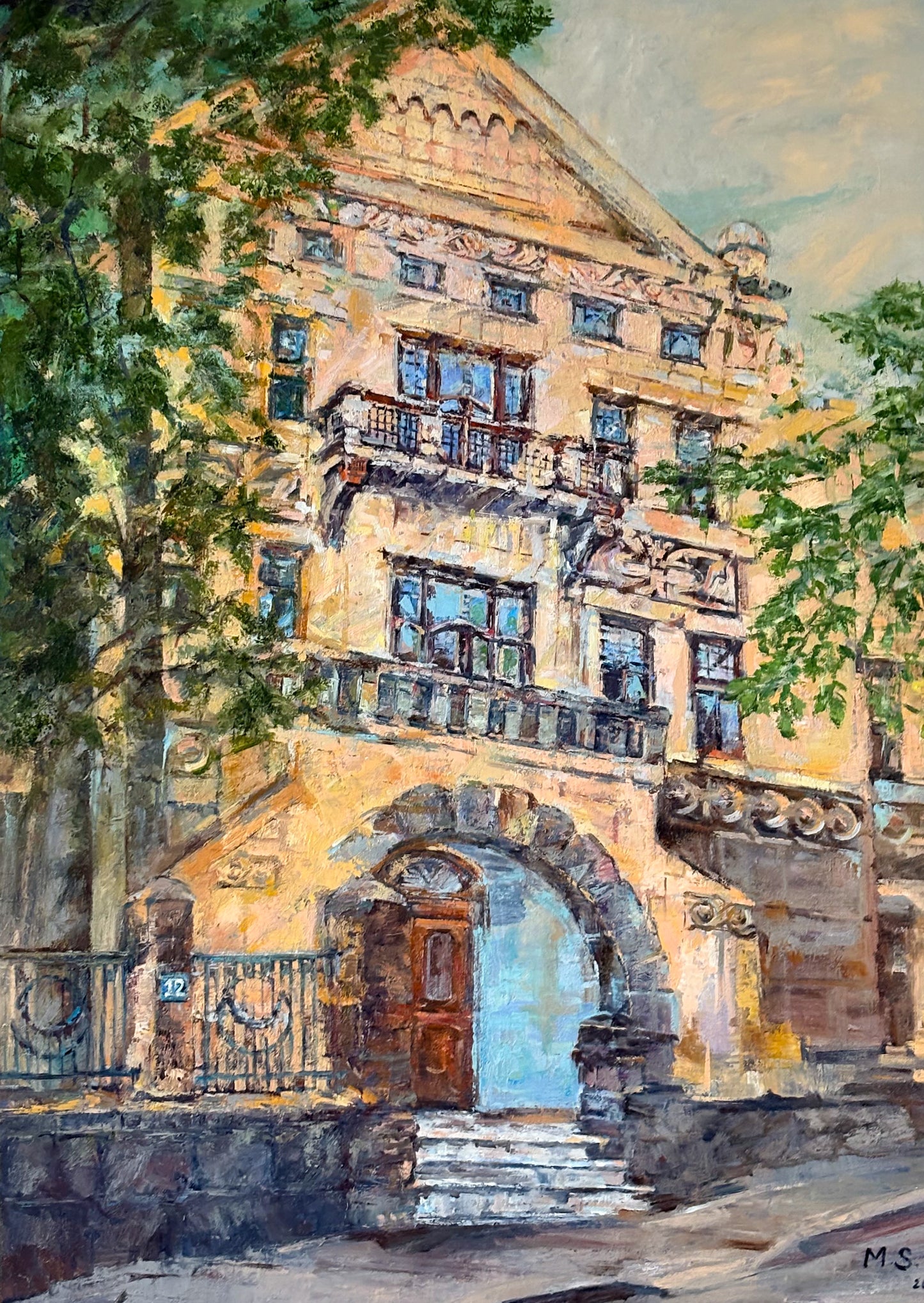 Luxury Architecture Physical Art, 20th-Century Castle Oil Painting on Canvas